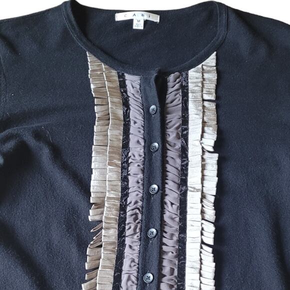 CAbi 172 Black Fringe Tuxedo Cardigan M Cotton Cashmere Quietlux Layering Piece - Picture 2 of 9